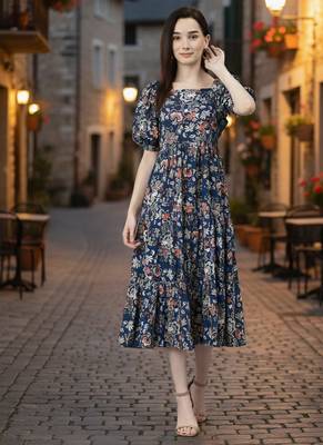 Women rayon blue floral print flared dress 1