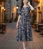 Women rayon blue floral print flared dress