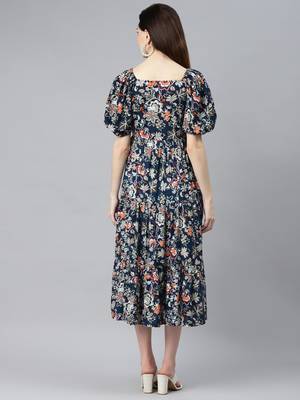 Women rayon blue floral print flared dress 2
