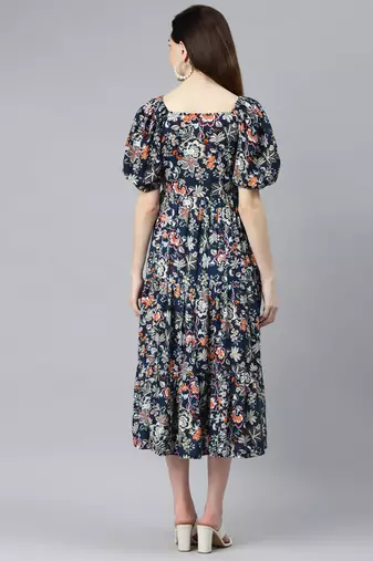Women rayon blue floral print flared dress
