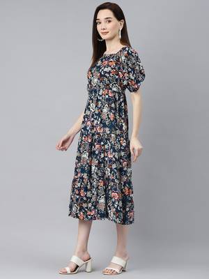 Women rayon blue floral print flared dress 3