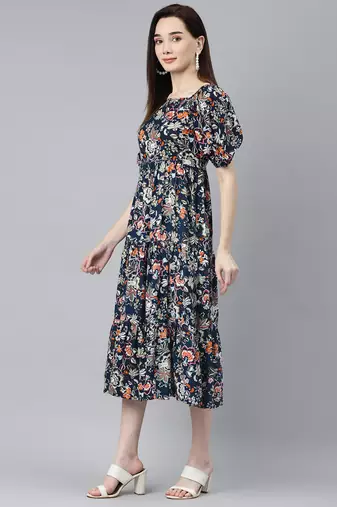 Women rayon blue floral print flared dress
