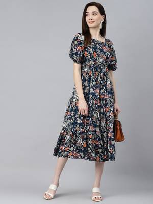 Women rayon blue floral print flared dress 4