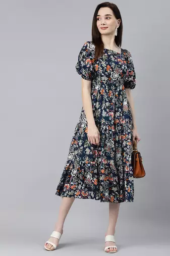 Women rayon blue floral print flared dress