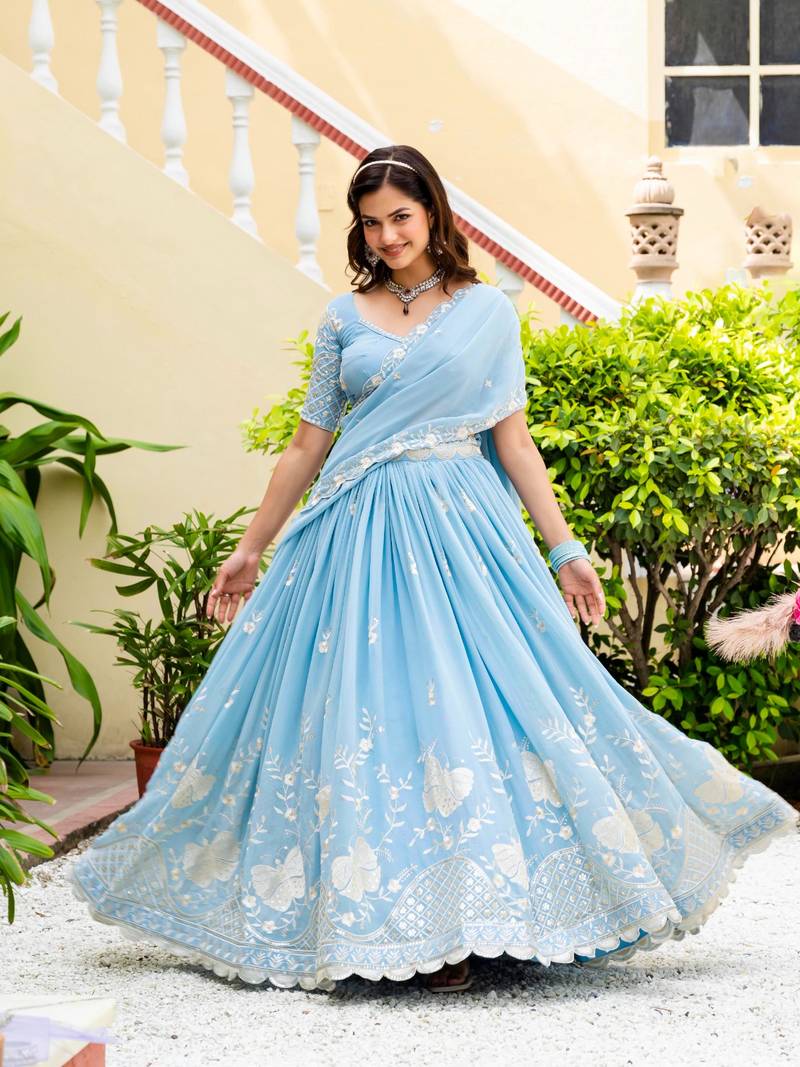 Sky-blue thread embroidery faux georgette indian lattest designer lehenga