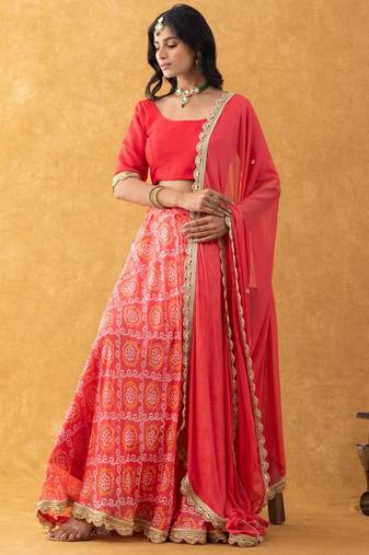 Red Bandhani Print Lehenga Set with choli and Embellished Dupatta