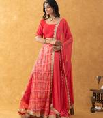Red Bandhani Print Lehenga Set with choli and Embellished Dupatta