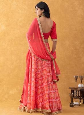 Red Bandhani Print Lehenga Set with choli and Embellished Dupatta 2