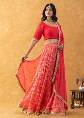 Red Bandhani Print Lehenga Set with choli and Embellished Dupatta 3