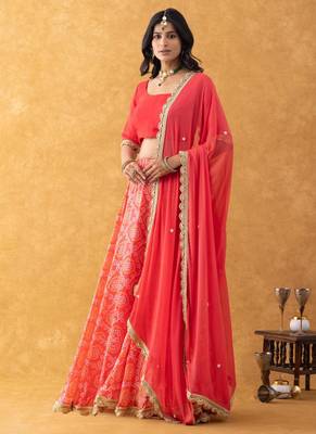 Red Bandhani Print Lehenga Set with choli and Embellished Dupatta 4