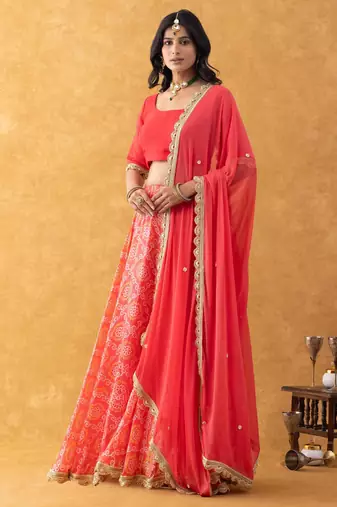 Red Bandhani Print Lehenga Set with choli and Embellished Dupatta