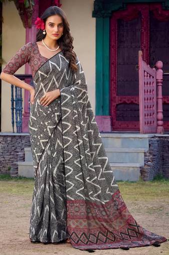 Stylish Black Digital Printed Crepe Casual Wear Saree With Blouse