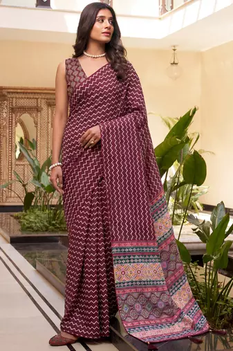 Attractive Maroon Digital Printed Crepe Office Wear Saree With Blouse