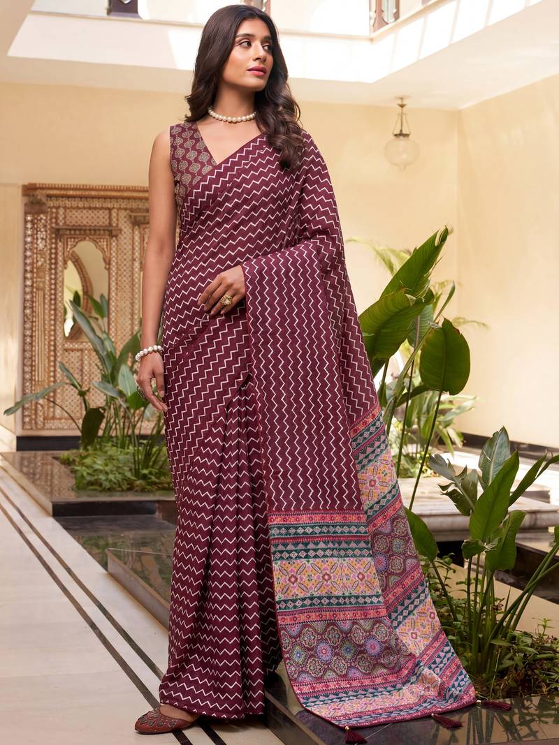 Attractive Maroon Digital Printed Crepe Office Wear Saree With Blouse