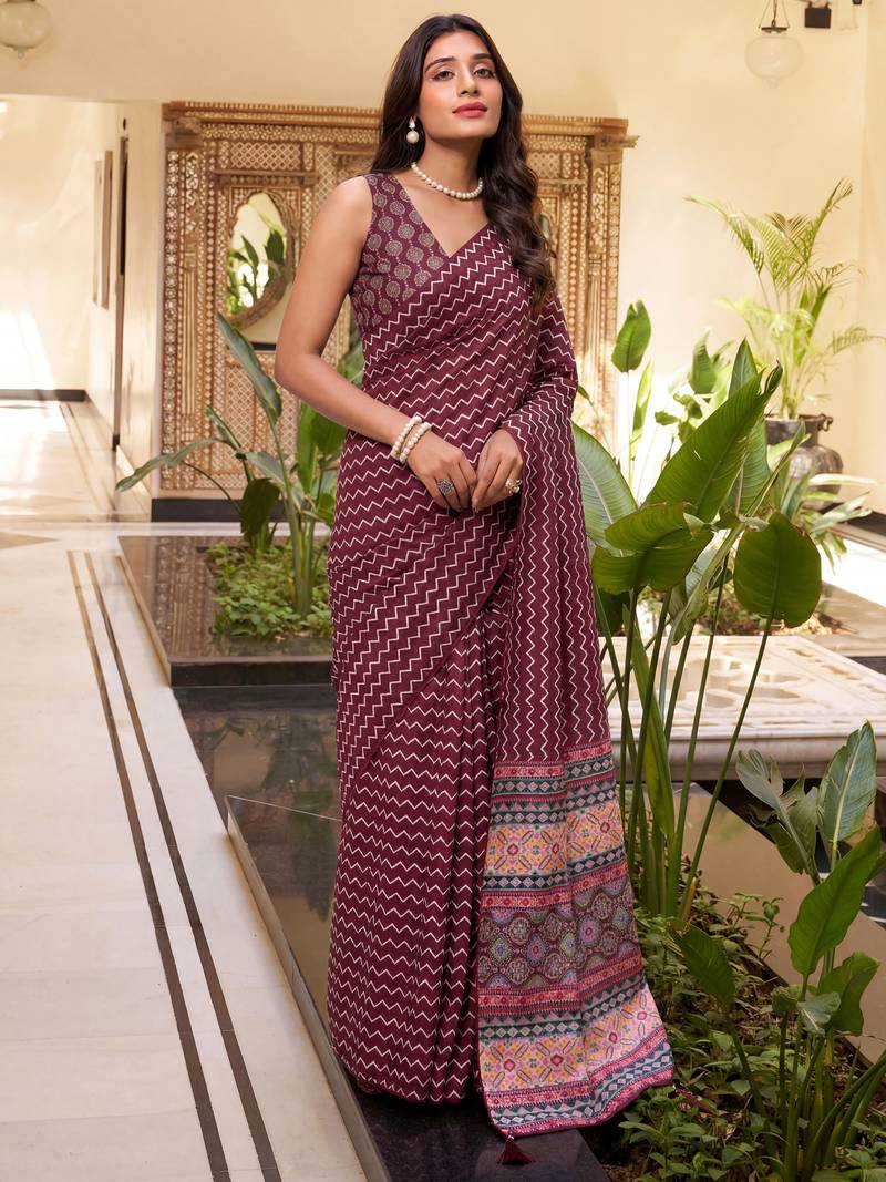 Attractive Maroon Digital Printed Crepe Office Wear Saree With Blouse