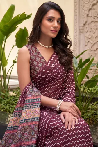 Attractive Maroon Digital Printed Crepe Office Wear Saree With Blouse