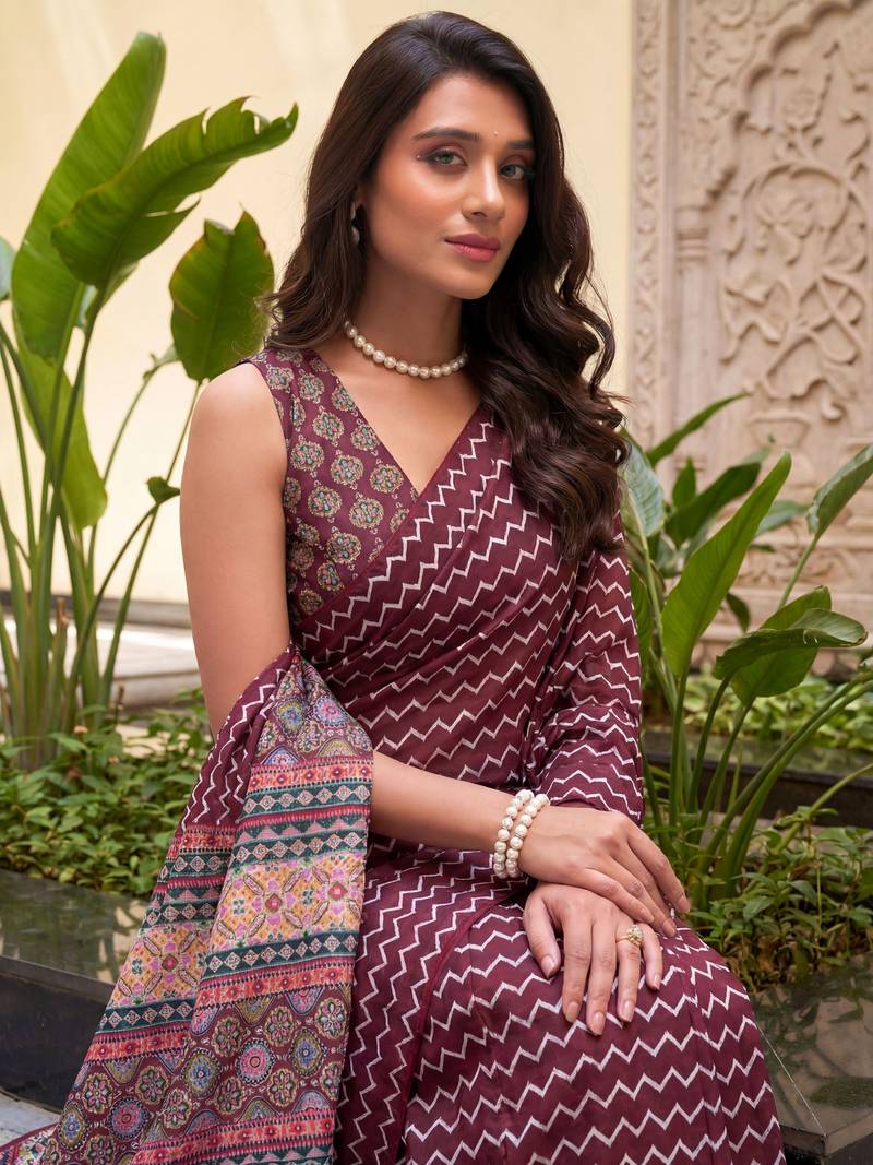 Attractive Maroon Digital Printed Crepe Office Wear Saree With Blouse