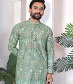 Green digital printed work cotton straight kurta