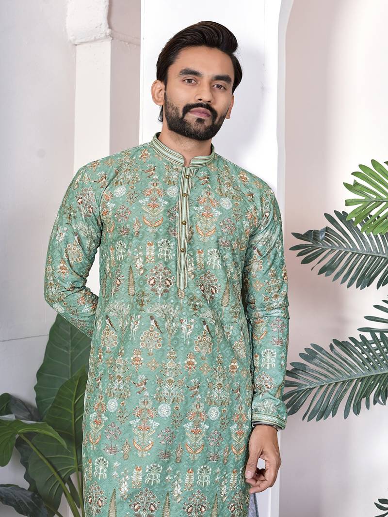 Green digital printed work cotton straight kurta