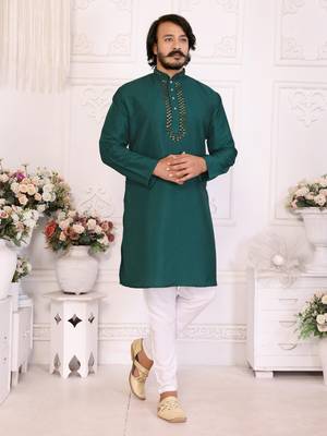 Green silk straight kurta with nack mirror work 1