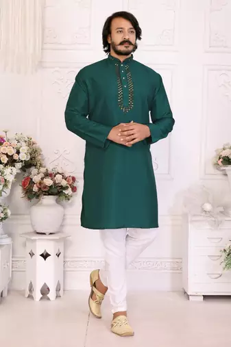 Green silk straight kurta with nack mirror work