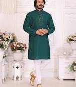 Green silk straight kurta with nack mirror work