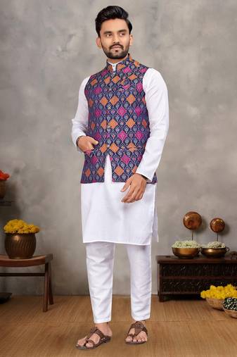 Navy cotton straight kurta payjama & koti with jequard work
