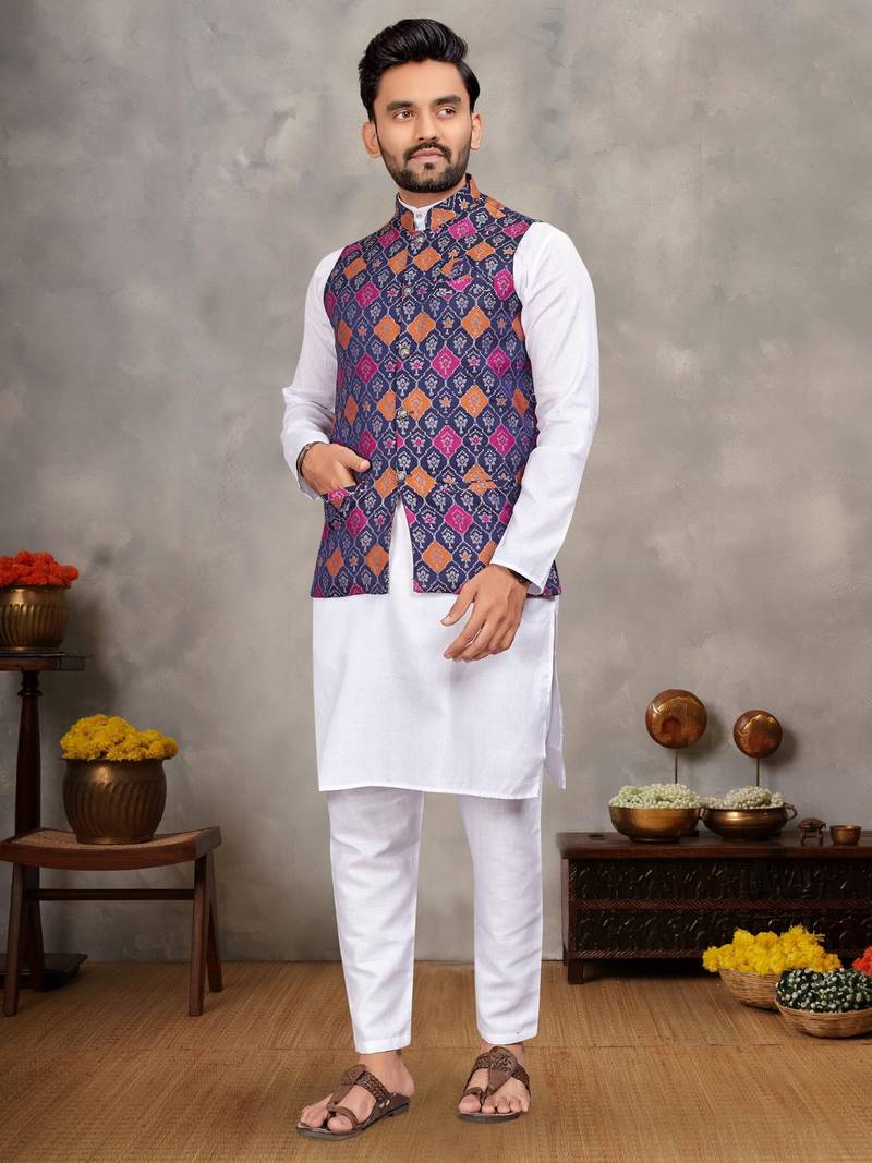 Navy cotton straight kurta payjama & koti with jequard work