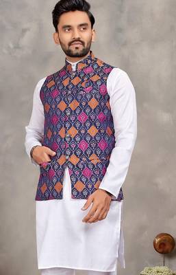 Navy cotton straight kurta payjama & koti with jequard work 2
