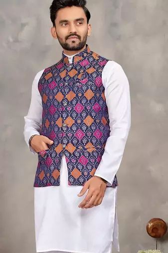 Navy cotton straight kurta payjama & koti with jequard work