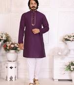 Purple silk straight kurta with nack mirror work