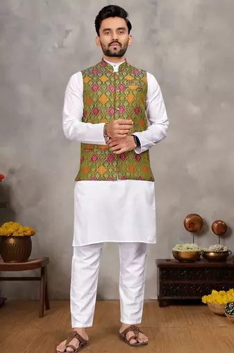 Mehendi cotton straight kurta payjama & koti with jequard work
