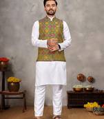 Mehendi cotton straight kurta payjama & koti with jequard work