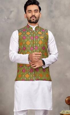 Mehendi cotton straight kurta payjama & koti with jequard work 2