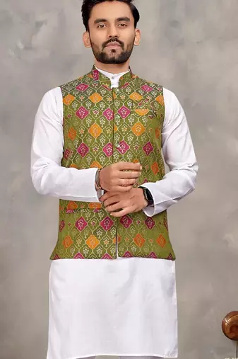 Mehendi cotton straight kurta payjama & koti with jequard work