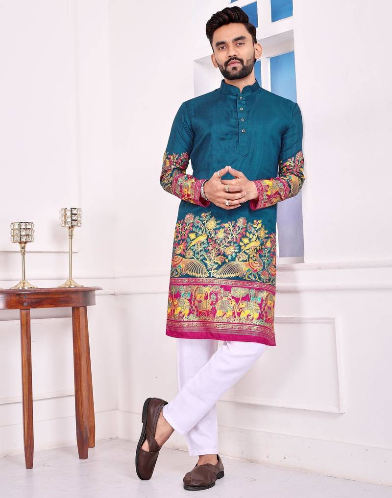 Teal dola silk straight kurta with foil work