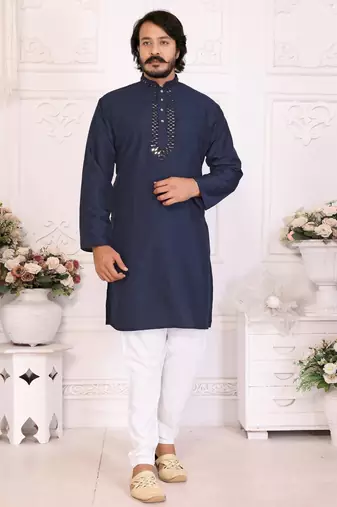 Navy silk straight kurta with nack mirror work