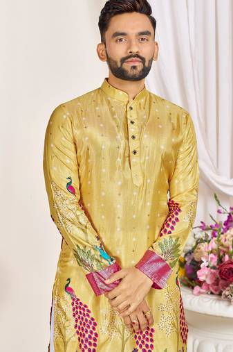 Yellow dola silk straight kurta with foil work