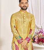 Yellow dola silk straight kurta with foil work