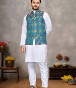 Blue cotton straight kurta payjama & koti with jequard work