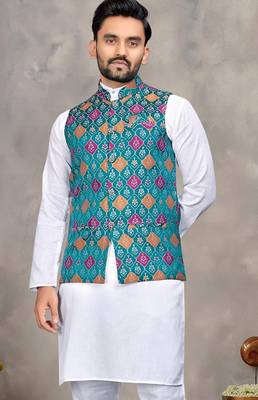 Blue cotton straight kurta payjama & koti with jequard work 2