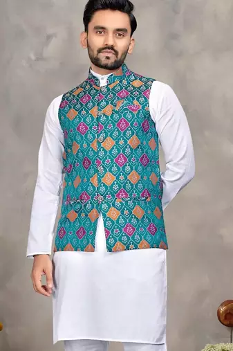 Blue cotton straight kurta payjama & koti with jequard work