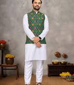 Green cotton straight kurta payjama & koti with jequard work
