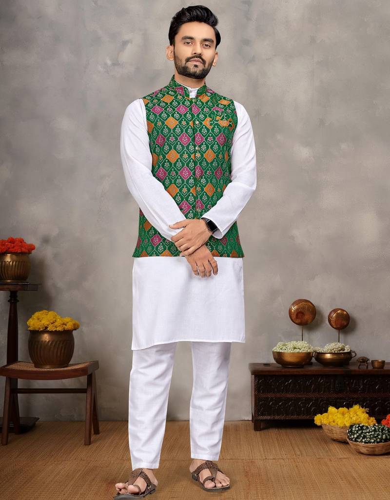 Green cotton straight kurta payjama & koti with jequard work