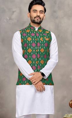 Green cotton straight kurta payjama & koti with jequard work 2
