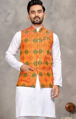 Orange cotton straight kurta payjama & koti with jequard work 2