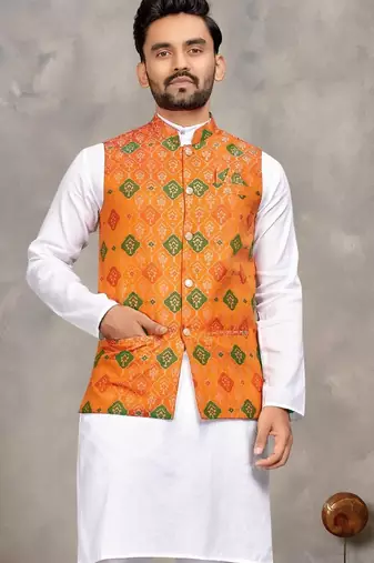 Orange cotton straight kurta payjama & koti with jequard work