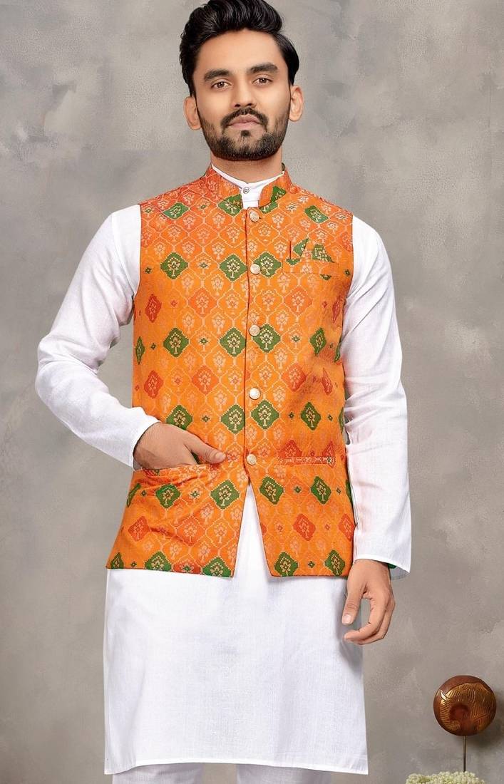 Orange cotton straight kurta payjama & koti with jequard work