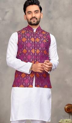 Purple cotton straight kurta payjama & koti with jequard work 2