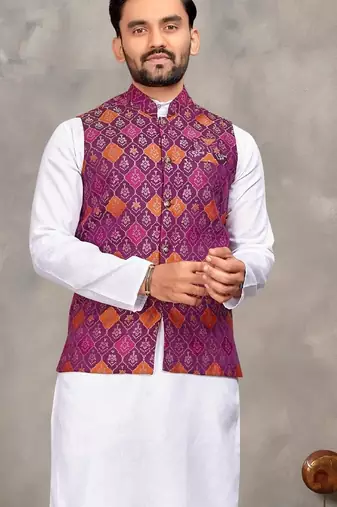 Purple cotton straight kurta payjama & koti with jequard work